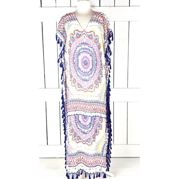 Sheer lightweight colorful tribal print fringe tassel caftan dress cover up - Picture 2 of 5